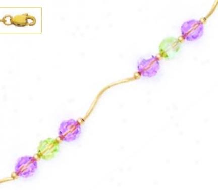 14k Yellow 6 Mm Circle Purple And Green Crystal Necklace