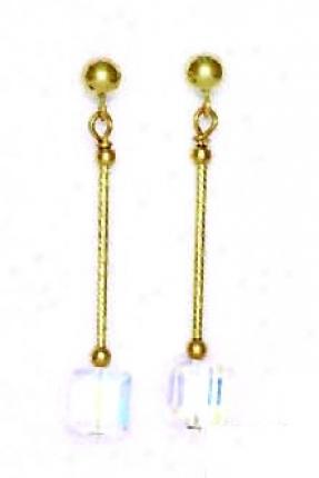 14k Yellow 6 Mm Square Clear Crystal Drop Earrings