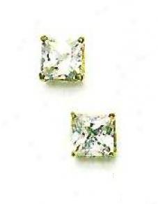 14k Yellow 6 Mm Square Cz Friction-back Stud Earrings