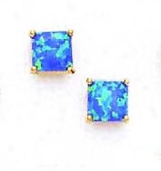 14k Yellow 6 Mm Square Dark Blue O0al Earrings