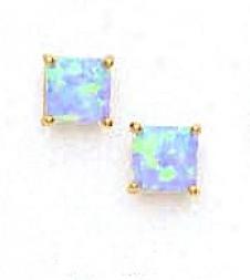 14k Yellow 6 Mm Square Light Blue pOal Earrings