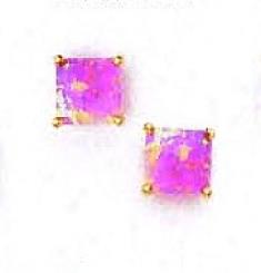 14k Yellow 6 Mm Square Pink Opal Friction-back Stud Earrings
