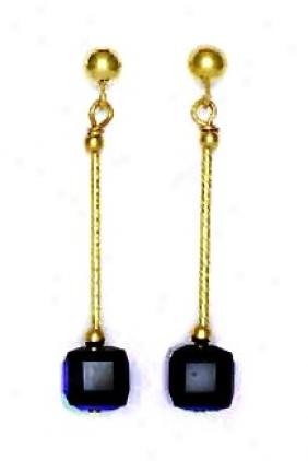 14k Yellow 6 Mm Square Purple-blue Crystal Drop Earrings
