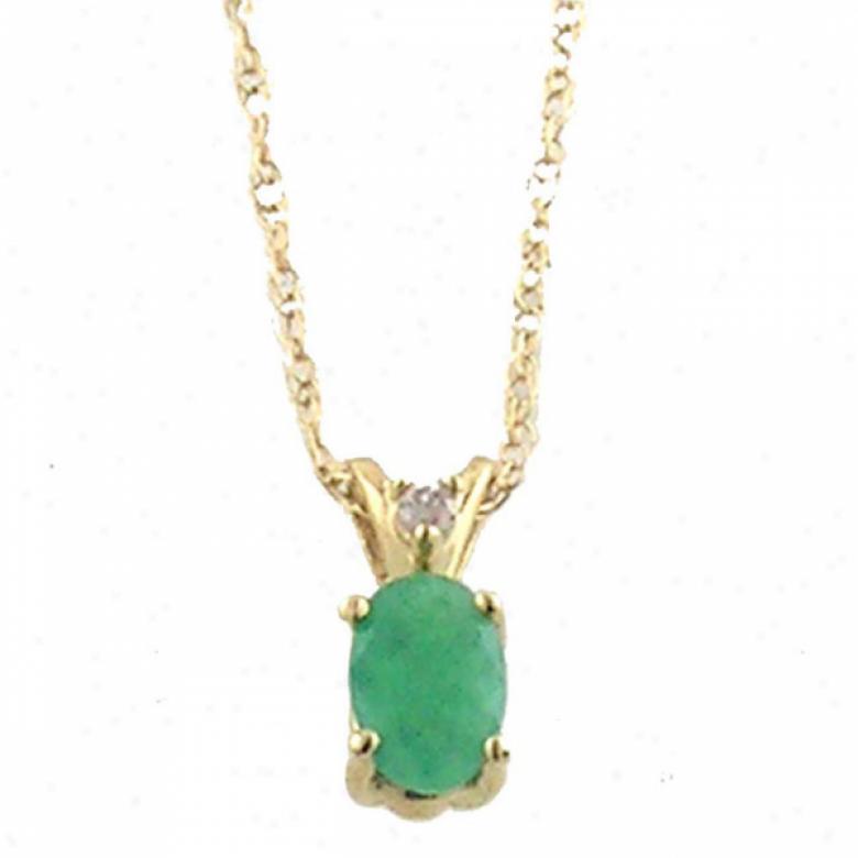 14k Yellow 6x4 Mm Oval Emerald And Diamond Pendant