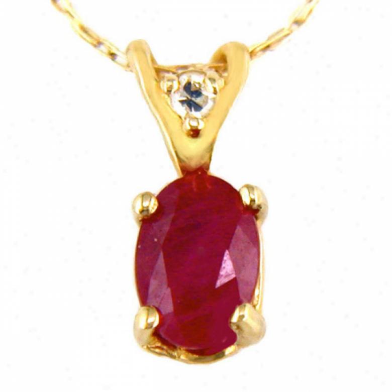 14k Golden 6s4 Mm Oval Ruby And Diamond Pendant