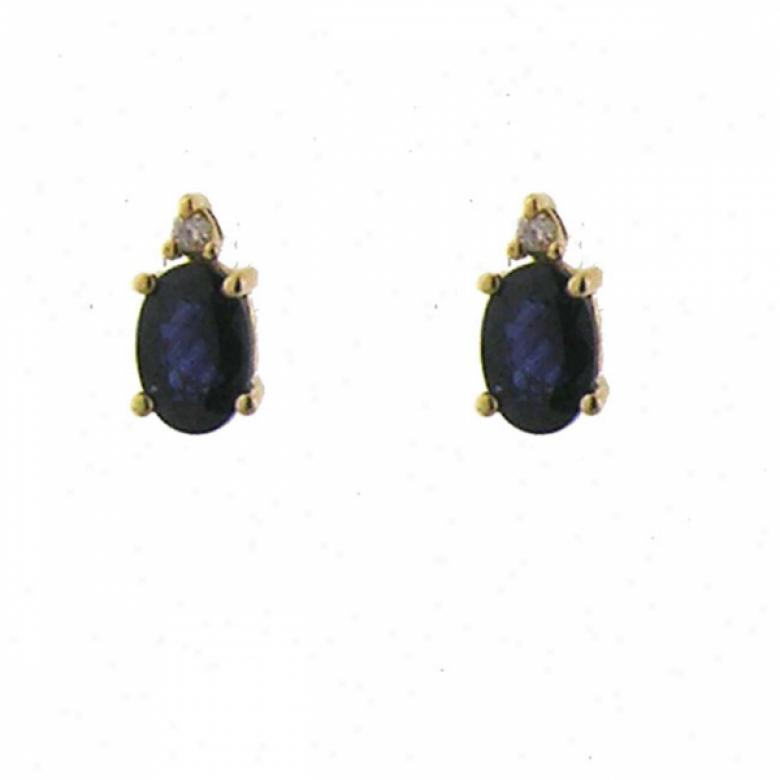 14k Yellow 6x4 Mm Oval Sapphire And Brilliant Stud Earrings
