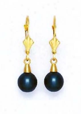 14k Yellow 7 Mm Round Black Crystal Pearl Drop Earrings