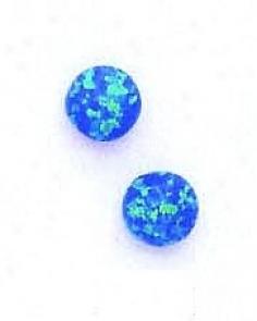 14k Golden 7 Mm Round Dark Blue Opal Earrings
