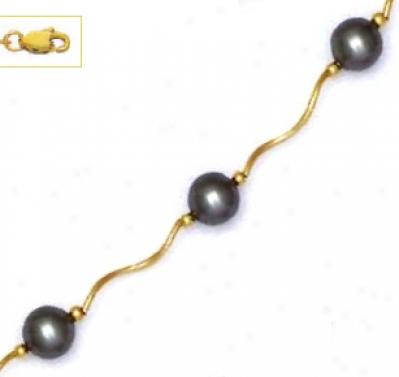 14k Yellow 7 Mm Round Dark-gray Crystal Pearl Necklace