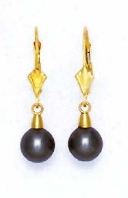 14k Yellow 7 Mm Round Dark-gray Crystal Pearl Drop Earrings