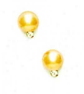 14k Golden 7 Mm Round Light-gold Crystal Pearl Cz Earrings