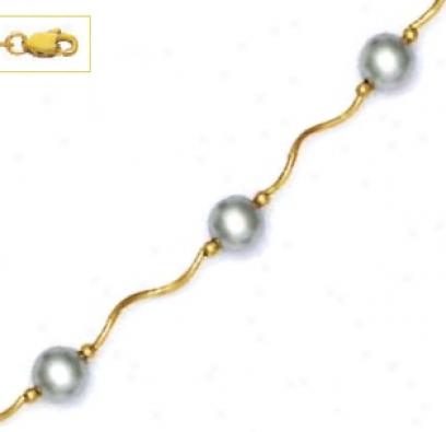 14k Yellow 7 Mm Round Light-gray Crystal Pearl Necklace