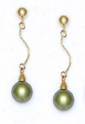 14k Golden 7 Mm Round Light-green Crystal Pearl Earrings