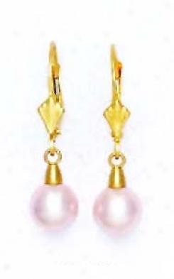 14k Yellow 7 Mm Round Light-rose Crystal Pearl Earrings