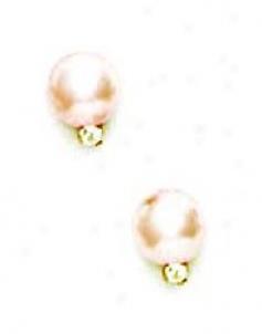 14k Yellow 7 Mm Round Light-rose Crystal Pearl Cz Earrings