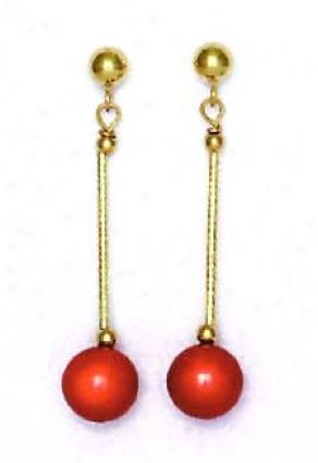 14k Yellow 7 Mm Round Red Crystal Pearl Drop Earrings