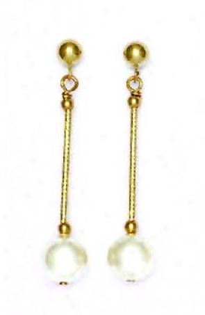 14k Yellow 7 Mm Round White Crystal Pearl Drop Earrings