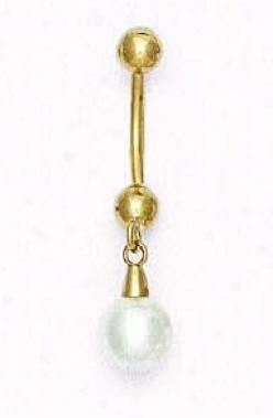 14k Yellow 7 Mm Round White Crystal Pearl Belly Ring