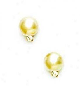 14k Yellow 7 Mm Round White Crystal Pearl Cz Earrings