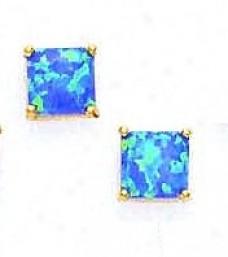 14k Yellow 7 Mm Square Dark Blue Opal Earrings