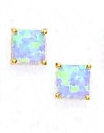 14k Yellow 7 Mm Adjust Light Blue Opal Earrings