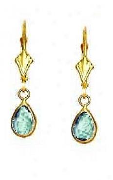 14k Yellow 7x5 Mm Pear Aquamarine-blue Cz Drop Earrings