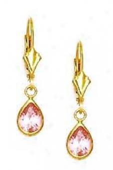 14k Yellow 7x5 Mm Pear Rose-pink Cz Drop Lever-back Earrings
