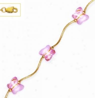 14k Yellow 8 Mm Butterfly Pink Crystal Necklace