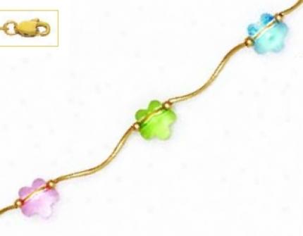14k Yellow 8 Mm Flower Blue Pink And Green Crystal Necklace