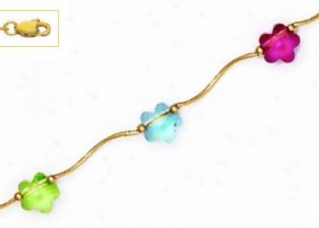 14k Yellow 8 Mm Flower Green Blue And Red Cystal Necklace