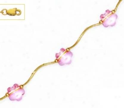 14k Yellow 8 Mm Flower Pink Crystal Necklace