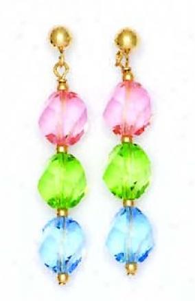 14k Yellow 8 Mm Helix Pink Green And Blue Crystal Earrings