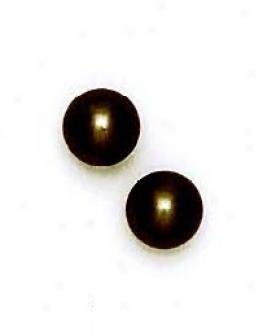 14k Yellow 8 Mm Round Dark-grey Crystal Pearl Earrings