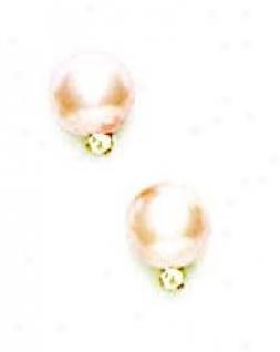 14k Yellow 8 Mm Large Light-rose Crystal Pearl Earrings