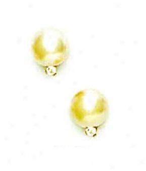 14k Yellow 8 Mm Round Wnite Crystal Pearl Cz Earrings