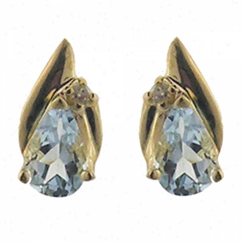 14k Yellow 8x5 Mm Pear Aquamarine And Diamond Stud Earrings