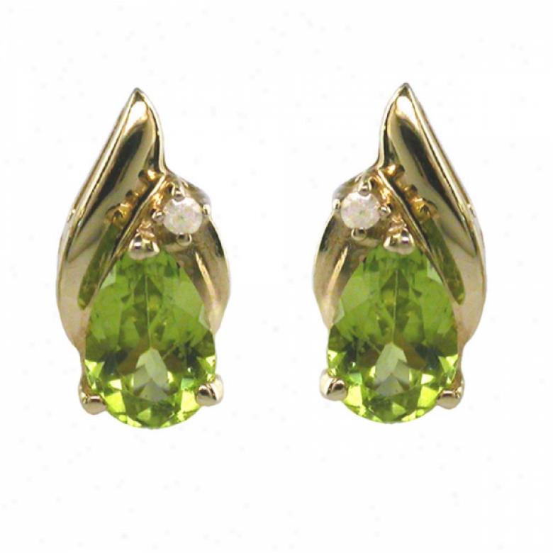 14k Yellow 8x5 Mm Pear Peridot And Diamond Stud Earrings