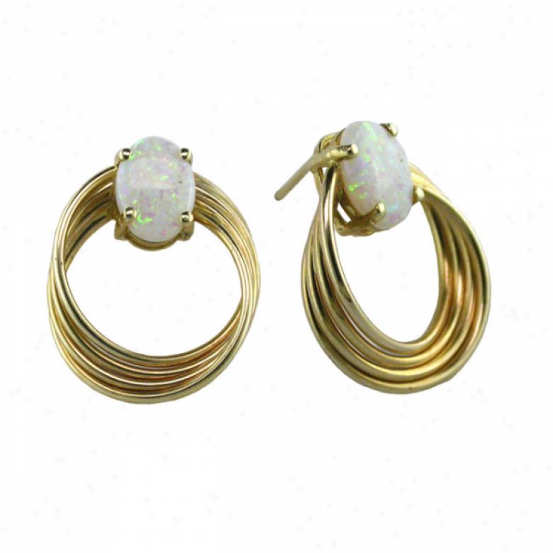 14k Yellow 8x6 Mm Circle Design Oval Opal Earring