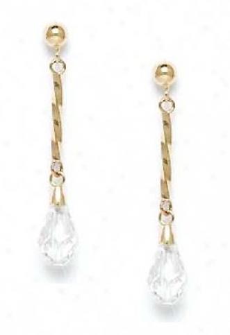 14k Golden 9x6 Mm Briolette Clear Crystal Drop Earrings