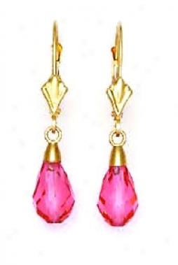 14k Yellow 9x6 Mm Briolette Dark-rose Crystal Drop Earrings