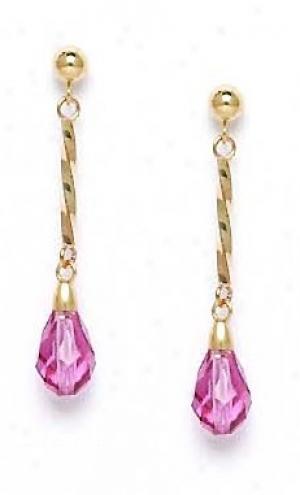14k Yellow 9x6 Mm Briolette Dark-rosse Crystal Earrings