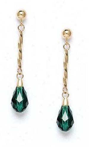 14k Yellow 9x6 Mm Briolettte Erinite-green Crystal Earrings