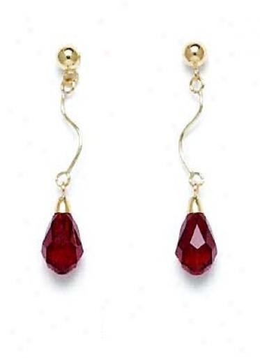 14k Yellow 9x6 Mm Briolette Garnet-red Crystal Earrings
