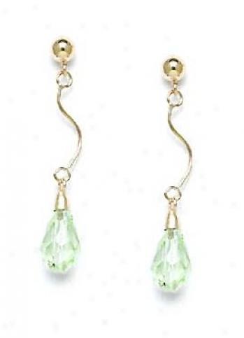 14k Golden 9x6 Mm Briolette Light-aqua Crystal Earrings