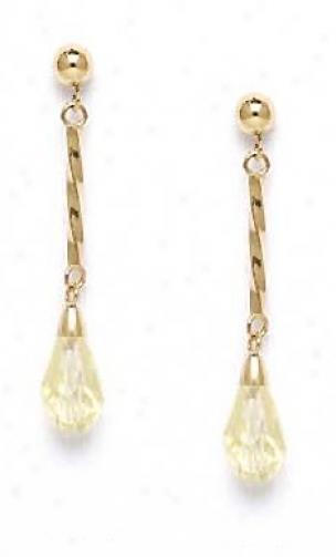 14k Yellow 9x6 Mm Briolette Ljght-cream Crystal Earrings
