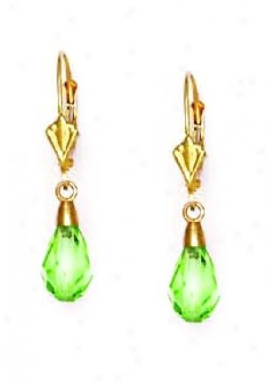 14k Yellow 9x6 Mm Briolette Peridot-green Crystal Earrings