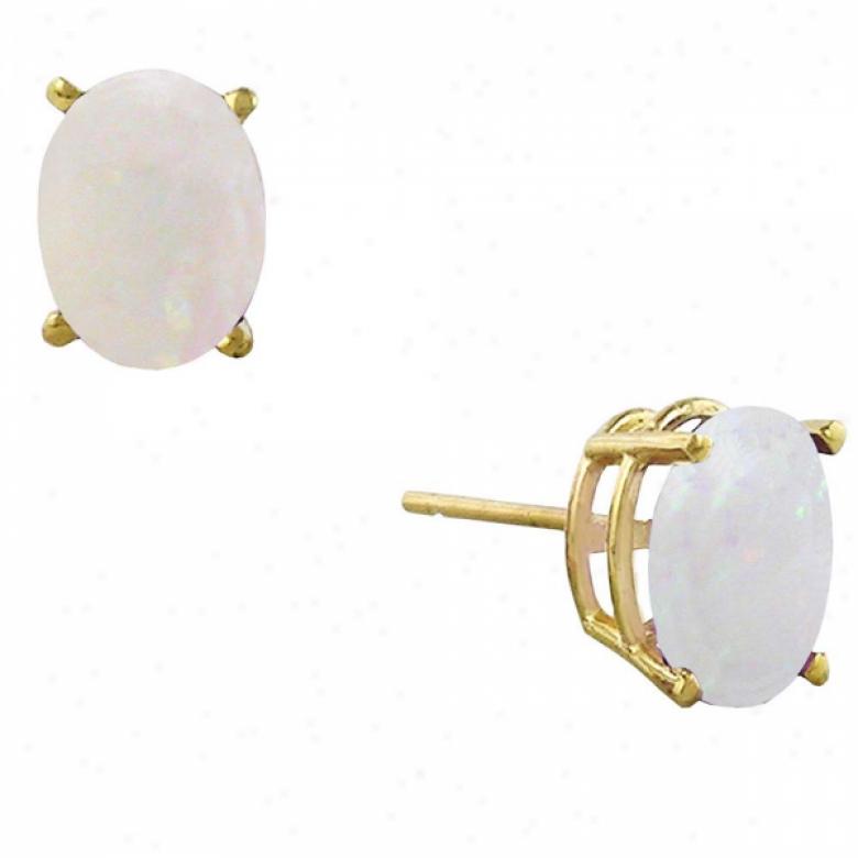 14k Yellow 9x7 Mm Oval Opal Stud Earrings