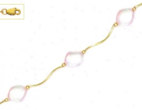14k Yellow 9x8 Mm Curved Light-rose Crystal Pearl Necklace