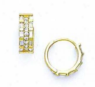 14k Yellow Baguette And Round Cz Hinged Earrings