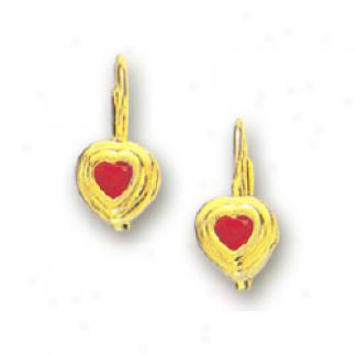 14k Yellow Bezel Heart Shaped July Birthstone Earrings